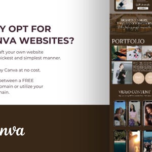Op de afbeelding: Een promotionele afbeelding voor Canva-websites. De afbeelding bevat de tekst "Waarom kiezen voor Canva-websites?" en "Maak eenvoudig uw eigen website op de snelste en eenvoudigste manier." Het bevat ook een portfolio- en video-inhoudsectie.