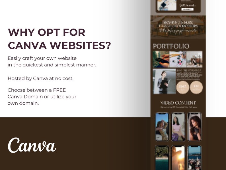 Op de afbeelding: Een promotionele afbeelding voor Canva-websites. De afbeelding bevat de tekst "Waarom kiezen voor Canva-websites?" en "Maak eenvoudig uw eigen website op de snelste en eenvoudigste manier." Het bevat ook een portfolio- en video-inhoudsectie.