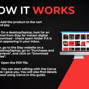 K&ouml;nnte beinhalten: Eine rote und schwarze Grafik mit dem Text "HOW IT WORKS" und vier Schritten, wie man ein digitales Produkt herunterl&auml;dt und verwendet. Die Schritte umfassen das Hinzuf&uuml;gen des Produkts zum Warenkorb, das &Uuml;berpr&uuml;fen Ihrer E-Mails auf einen Download-Link, das &Ouml;ffnen der PDF-Datei und das Bearbeiten des Produkts in Canva.