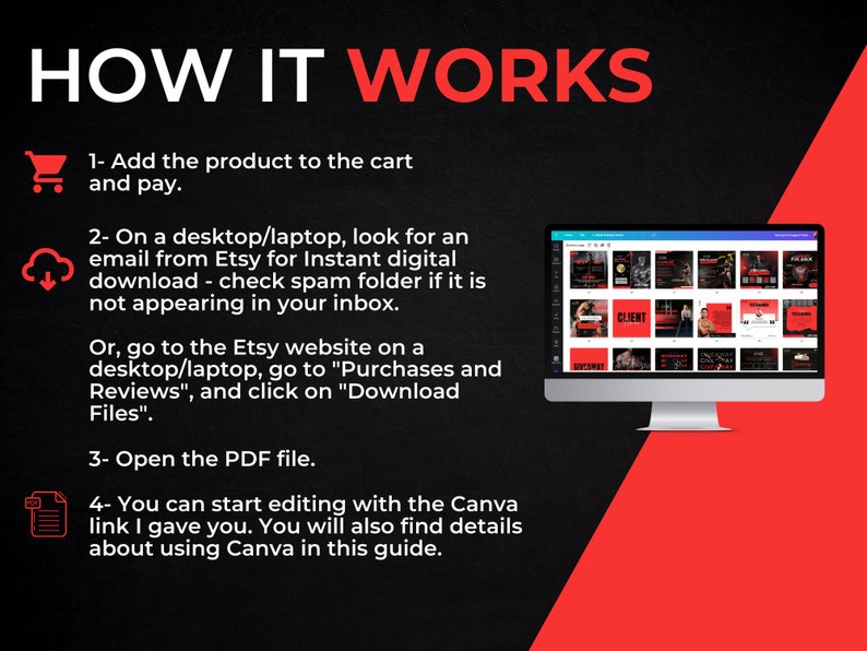 K&ouml;nnte beinhalten: Eine rote und schwarze Grafik mit dem Text "HOW IT WORKS" und vier Schritten, wie man ein digitales Produkt herunterl&auml;dt und verwendet. Die Schritte umfassen das Hinzuf&uuml;gen des Produkts zum Warenkorb, das &Uuml;berpr&uuml;fen Ihrer E-Mails auf einen Download-Link, das &Ouml;ffnen der PDF-Datei und das Bearbeiten des Produkts in Canva.