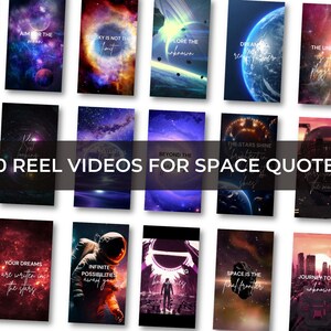 May include: A collage of 50 different space-themed images with inspirational quotes about reaching for the stars, dreaming big, and exploring the unknown. The images feature galaxies, planets, stars, and astronauts.