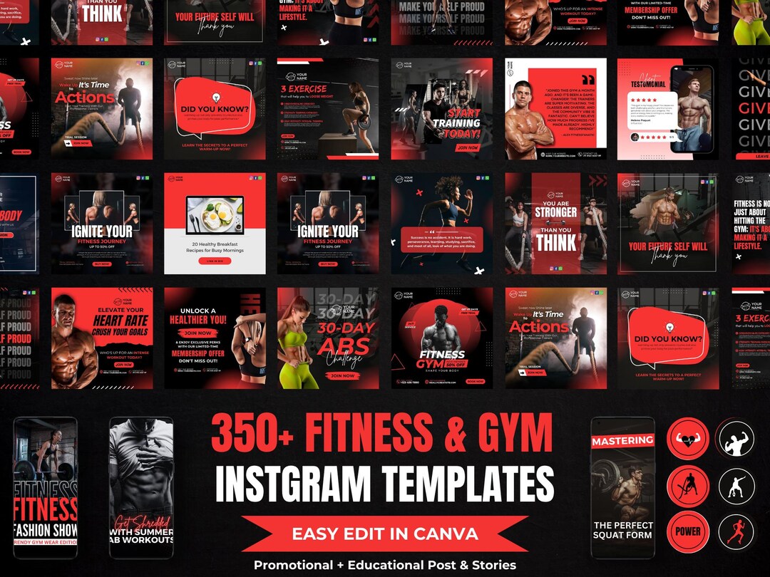 Gym Instagram Templates: Fitness Social Media Bundle (canva Editable ...