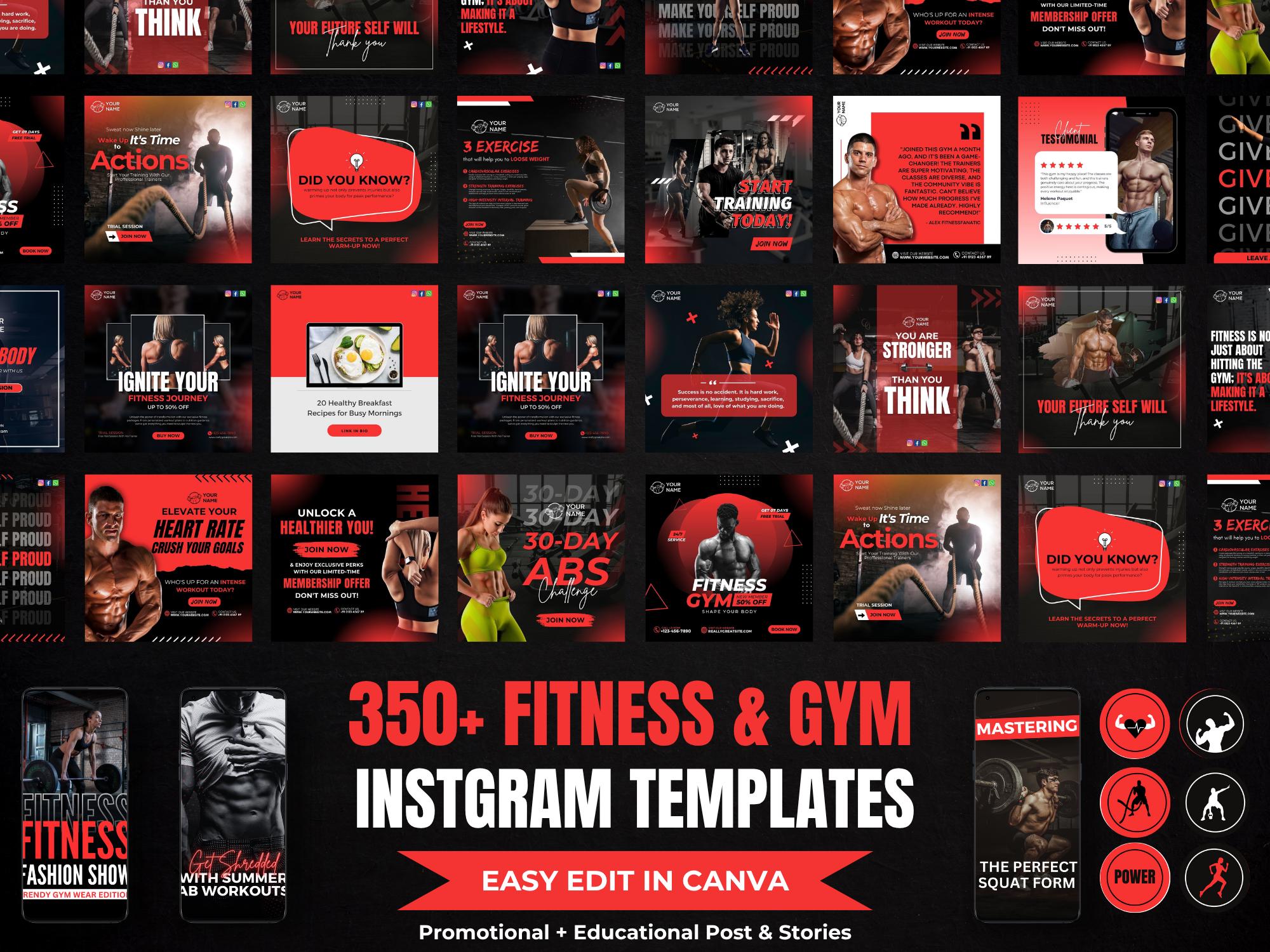 Gym Instagram Templates: Fitness Social Media Bundle (canva Editable ...