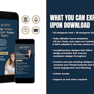 May include: A blue and white digital marketing template for lawyers. The template includes 35 Instagram posts and 35 Instagram stories. The text on the template says "What You Can Expect Upon Download" and lists the features of the template. The template is fully editable in Canva.