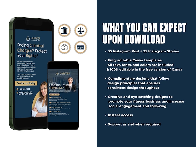 May include: A blue and white digital marketing template for lawyers. The template includes 35 Instagram posts and 35 Instagram stories. The text on the template says "What You Can Expect Upon Download" and lists the features of the template. The template is fully editable in Canva.