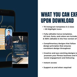 May include: A digital marketing graphic for a lawyer's services. The graphic features a lawyer in a suit and tie, and the text "Affordable Legal Representation with Flexible Payment Plans". The graphic also includes the text "What You Can Expect Upon Download" and a list of benefits, including 75 Instagram templates in 2 sizes, 20 highlight icons, fully editable Canva templates, complimentary designs, creative and eye-catching designs, instant access, and support as and when required.