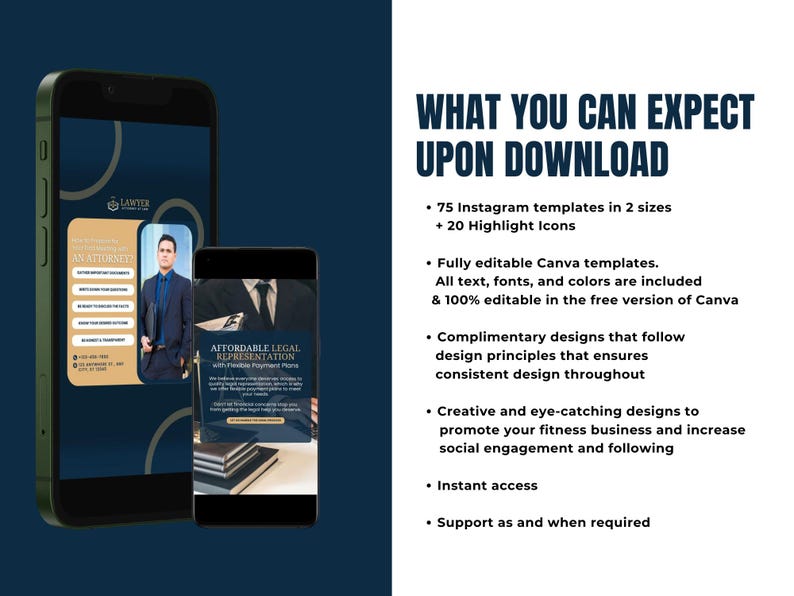 May include: A digital marketing graphic for a lawyer's services. The graphic features a lawyer in a suit and tie, and the text "Affordable Legal Representation with Flexible Payment Plans". The graphic also includes the text "What You Can Expect Upon Download" and a list of benefits, including 75 Instagram templates in 2 sizes, 20 highlight icons, fully editable Canva templates, complimentary designs, creative and eye-catching designs, instant access, and support as and when required.