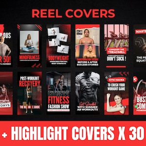 K&ouml;nnte beinhalten: Eine Collage aus 10 roten und schwarzen Instagram-Reel-Covern mit Fitness-bezogenen Themen. Der Text auf den Covern lautet: "Fit & Fabulous Over 50!" "Mindfulness", "Bodyweight Exercises", "Transformation Tuesday", "Conquer the Treadmill", "Mastering the Perfect Squat Form", "Post-Workout Recovery", "Fitness Fitness Fashion Show", "Get Shredded with Summer Ab Workouts", "Gym Hacks to Crush Your Workout Game", und "Busting Common Fitness Myths".