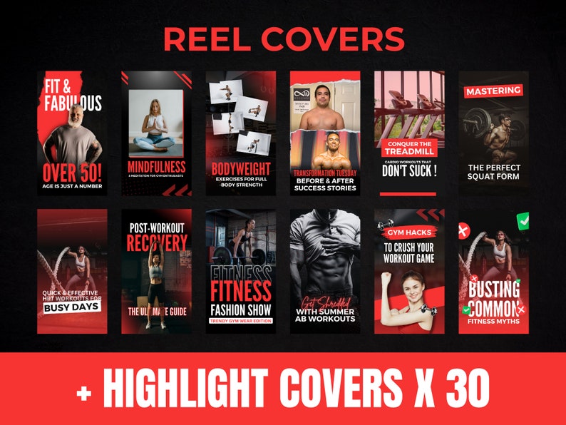 K&ouml;nnte beinhalten: Eine Collage aus 10 roten und schwarzen Instagram-Reel-Covern mit Fitness-bezogenen Themen. Der Text auf den Covern lautet: "Fit & Fabulous Over 50!" "Mindfulness", "Bodyweight Exercises", "Transformation Tuesday", "Conquer the Treadmill", "Mastering the Perfect Squat Form", "Post-Workout Recovery", "Fitness Fitness Fashion Show", "Get Shredded with Summer Ab Workouts", "Gym Hacks to Crush Your Workout Game", und "Busting Common Fitness Myths".