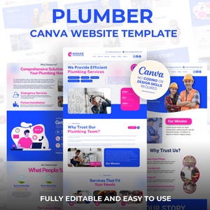 May include: A Canva website template for plumbers, with a blue and white design. The template includes sections for services, team information, and customer testimonials. Text includes "Plumber Canva Website Template" and "Fully Editable and Easy to Use."