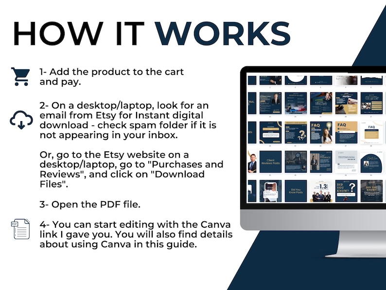 May include: A blue and white computer screen displaying a grid of images. The images are of various designs and colors, including blue, white, gold, and black. The text "FAQ" appears on several of the images. The text "HOW IT WORKS" appears in large, bold letters at the top of the screen. A list of instructions appears on the left side of the screen, explaining how to download and use the digital product.