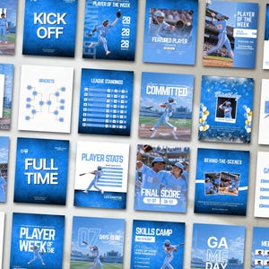 Könnte beinhalten: Eine Sammlung von Social-Media-Vorlagen zum Thema Baseball in Blau, mit Action-Fotos von Spielern, Spielstatistiken, Zeitplänen und Ligatabellen sowie Textüberlagerungen wie Match, Kick Off, Player of the Week und Final Score.