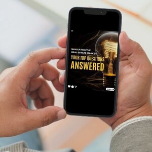 May include: A smartphone displaying a black and gold graphic with the text "Navigating the Real Estate Market Your Top Questions Answered". The graphic features a lightbulb with a glowing filament.