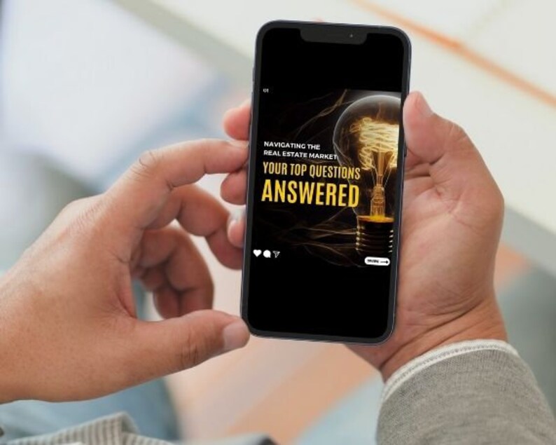 May include: A smartphone displaying a black and gold graphic with the text "Navigating the Real Estate Market Your Top Questions Answered". The graphic features a lightbulb with a glowing filament.