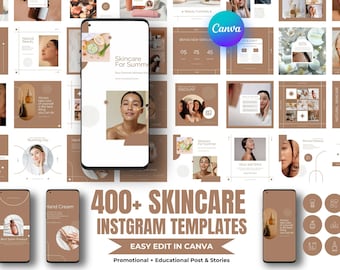 Skincare Instagram Templates, Beauty Salon Social Media Posts (Canva Bundle)