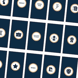 May include: A grid of 16 blue squares with white borders, each containing a different icon related to law and legal services. The icons include a gavel, a briefcase, a scale of justice, a magnifying glass, a document, a star, a shield, and a column.
