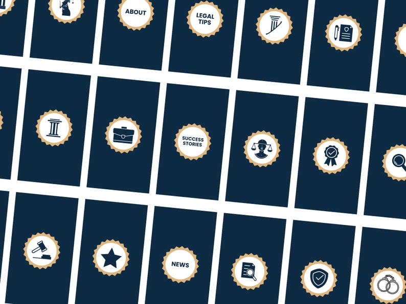 May include: A grid of 16 blue squares with white borders, each containing a different icon related to law and legal services. The icons include a gavel, a briefcase, a scale of justice, a magnifying glass, a document, a star, a shield, and a column.