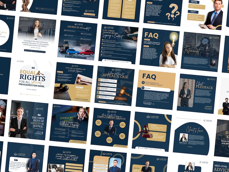 May include: A collage of images promoting legal services. The images feature a variety of legal topics, including equal rights, employment disputes, and appeals. The images are all in a dark blue and gold color scheme and feature a gavel and other legal symbols.