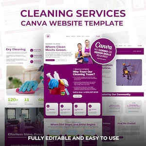 Puede incluir: Una plantilla de sitio web para servicios de limpieza, con un diseño púrpura y blanco. La plantilla incluye secciones para limpieza en seco, cuidado de superficies y más. El texto en la plantilla dice "CLEANING SERVICES CANVA WEBSITE TEMPLATE".