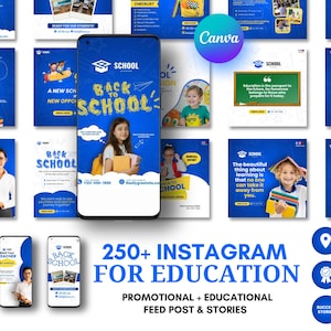Pode incluir: Um conjunto de modelos Instagram azuis e brancos para educação, com gráficos e texto com tema escolar. Os modelos incluem imagens de alunos, material escolar e citações educacionais. O texto inclui "Back to School" e "Math Monday".