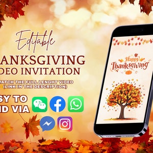Bearbeitbare Thanksgiving-Dinner-Video-Einladungsvorlage | Friendsgiving Video Einladen | Digitale Einladungskarte | Erntedank einladen