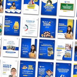 May include: A collection of twenty-five blue and white educational social media templates featuring school-themed graphics, children, students, and teachers, with text including School Admission, Back to School, and FAQ, designed for academic announcements.