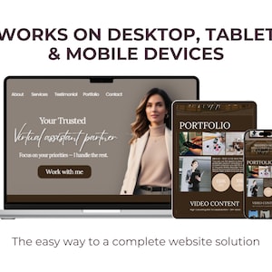 Op de afbeelding: Een laptop, tablet en smartphone tonen een website-ontwerp met de tekst "WERKT OP DESKTOP, TABLET & MOBIELE APPARATEN." Het laptopscherm toont een vrouw en de woorden "Uw vertrouwde virtuele assistent partner." De tablet en telefoon tonen portfolio voorbeelden.