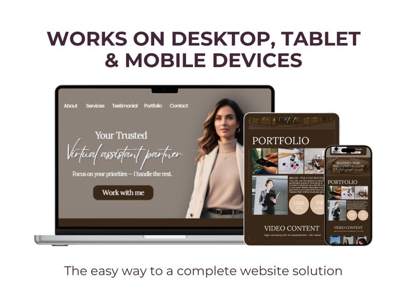 Op de afbeelding: Een laptop, tablet en smartphone tonen een website-ontwerp met de tekst "WERKT OP DESKTOP, TABLET & MOBIELE APPARATEN." Het laptopscherm toont een vrouw en de woorden "Uw vertrouwde virtuele assistent partner." De tablet en telefoon tonen portfolio voorbeelden.