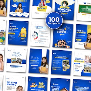 Può includere: Una collezione di 100 modelli digitali per social media a tema scolastico, caratterizzati da schemi di colore blu e bianco, varie grafiche educative, layout di testo per ammissioni scolastiche, insegnanti e consigli di studio.