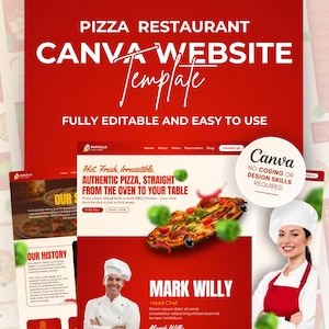 Plantilla de sitio web de pizzería, sitio web de restaurante, sitio web de Canva para negocios de comida, sitio web de una página, página de destino de chef, menú de restaurante