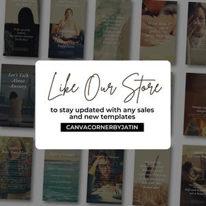 May include: A collage of social media posts with text about mental health and self-care. The text includes phrases like "Let's Talk About Anxiety", "Boost Your Mood", and "Manage Negative Thoughts". The image also includes the text "Like Our Store to stay updated with any sales and new templates CANVACORNERBYJATIN".
