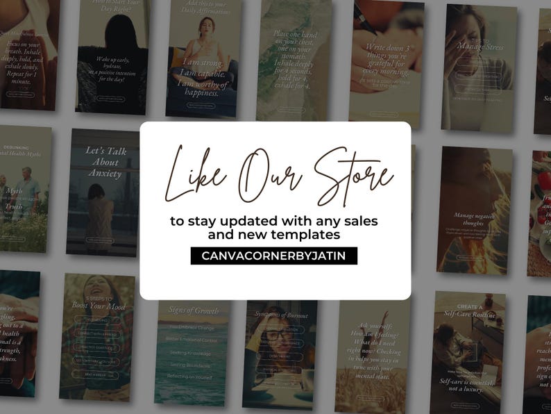 May include: A collage of social media posts with text about mental health and self-care. The text includes phrases like "Let's Talk About Anxiety", "Boost Your Mood", and "Manage Negative Thoughts". The image also includes the text "Like Our Store to stay updated with any sales and new templates CANVACORNERBYJATIN".