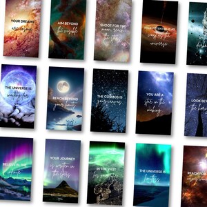 May include: A set of 12 inspirational quote cards featuring a variety of space-themed backgrounds, including nebulae, galaxies, and stars. The quotes are written in white text and are motivational in nature.  The cards are perfect for adding a touch of inspiration to your home or office.
