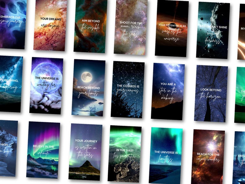 May include: A set of 12 inspirational quote cards featuring a variety of space-themed backgrounds, including nebulae, galaxies, and stars. The quotes are written in white text and are motivational in nature.  The cards are perfect for adding a touch of inspiration to your home or office.