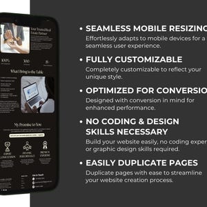 May include: A dark green smartphone displays a website design with text: Seamless Mobile Resizing, Fully Customizable, Optimized for Conversion, No Coding & Design Skills Necessary, and Easily Duplicate Pages.