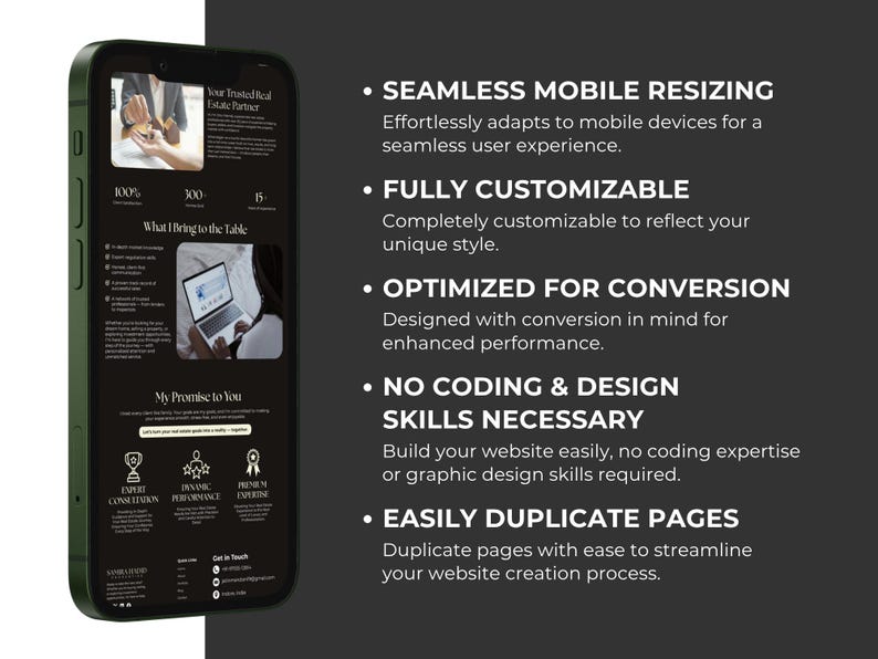 May include: A dark green smartphone displays a website design with text: Seamless Mobile Resizing, Fully Customizable, Optimized for Conversion, No Coding & Design Skills Necessary, and Easily Duplicate Pages.