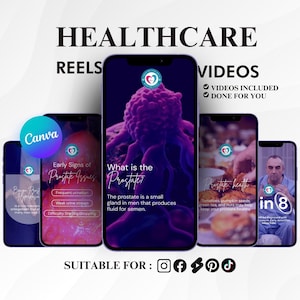 May include: Image of several smartphones displaying healthcare-related content. The screens show information about prostate health, including early signs and educational videos. The text includes "Healthcare Reels Videos" and "Videos Included, Done For You."