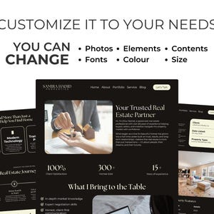 May include: A dark website design with the text "CUSTOMIZE IT TO YOUR NEEDS" and "YOU CAN CHANGE". The website showcases real estate services, including photos, elements, contents, fonts, color, and size. The website includes the text "Your Trusted Real Estate Partner".