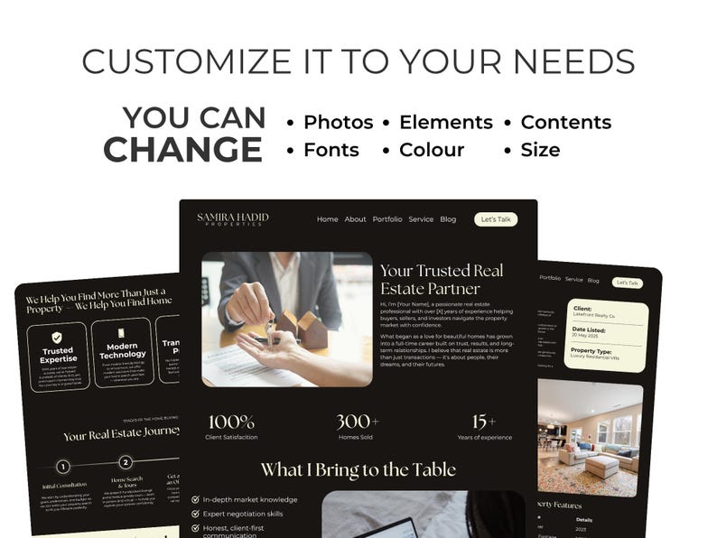 May include: A dark website design with the text "CUSTOMIZE IT TO YOUR NEEDS" and "YOU CAN CHANGE". The website showcases real estate services, including photos, elements, contents, fonts, color, and size. The website includes the text "Your Trusted Real Estate Partner".