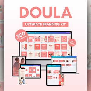 Könnte beinhalten: Ein digitales Branding-Kit für Doulas mit dem Wort "DOULA" in großen rosa Buchstaben. Das Kit enthält 350 Vorlagen, die auf verschiedenen Geräten wie Computer, Tablets und Telefonen angezeigt werden. Der Satz "ULTIMATE BRANDING KIT" ist ebenfalls sichtbar.
