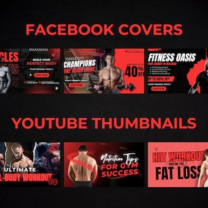 K&ouml;nnte beinhalten: Eine Collage von Bildern, die Fitness und Trainingsroutinen bewerben. Die obere Reihe zeigt Facebook-Titelbild-Bilder mit Text wie "Muskeln", "Baue deinen perfekten K&ouml;rper", "Champions werden hier gemacht" und "Fitness-Oase". Die untere Reihe zeigt YouTube-Miniaturansichten mit Text wie "Ultimatives Ganzk&ouml;rpertraining", "Ern&auml;hrungstipps f&uuml;r den Erfolg im Fitnessstudio" und "HIIT-Training f&uuml;r den Fettabbau".