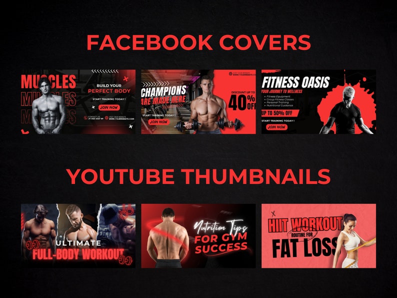 K&ouml;nnte beinhalten: Eine Collage von Bildern, die Fitness und Trainingsroutinen bewerben. Die obere Reihe zeigt Facebook-Titelbild-Bilder mit Text wie "Muskeln", "Baue deinen perfekten K&ouml;rper", "Champions werden hier gemacht" und "Fitness-Oase". Die untere Reihe zeigt YouTube-Miniaturansichten mit Text wie "Ultimatives Ganzk&ouml;rpertraining", "Ern&auml;hrungstipps f&uuml;r den Erfolg im Fitnessstudio" und "HIIT-Training f&uuml;r den Fettabbau".