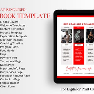 May include: A red and white digital ebook template for fitness coaching packages. The template includes three different packages: Bronze, Gold, and Silver. Each package includes a description of the services offered and the price. The template also includes a contact us section with a phone number, email address, and website address. The text "For Digital or Print Use" is at the bottom of the template.