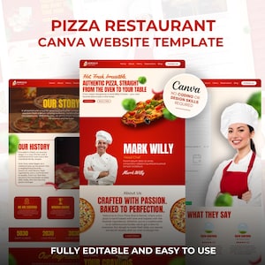 Puede incluir: Una plantilla de sitio web de Canva roja y blanca para un restaurante de pizzas. El diseño incluye imágenes de pizza, chefs y diseños de sitios web. El texto incluye "Pizza Restaurant Canva Website Template" y "Fully Editable and Easy to Use."