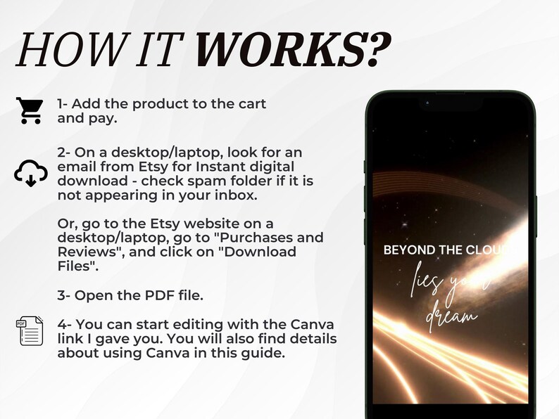 May include: A digital download guide with instructions on how to access and use a digital product. The guide includes a screenshot of a phone displaying a Canva design with the text "Beyond the Cloud lies your dream".