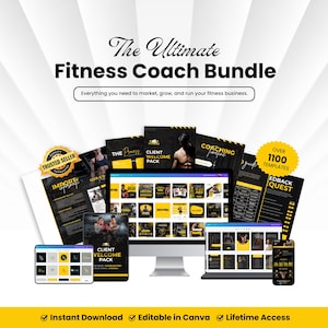 May include: A digital marketing bundle for fitness coaches featuring the text The Ultimate Fitness Coach Bundle, Everything you need to market, grow, and run your fitness business, and Over 1100 Templates. Includes documents, a monitor, and a smartphone.