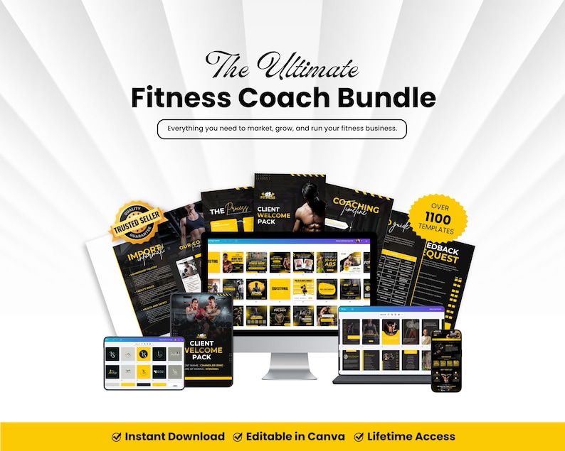 以下が含まれることがあります： フィットネスコーチ向けのデジタルマーケティングバンドル。The Ultimate Fitness Coach Bundle、Everything you need to market, grow, and run your fitness business、Over 1100 Templatesというテキストが表示されています。ドキュメント、モニター、スマートフォンが含まれています。