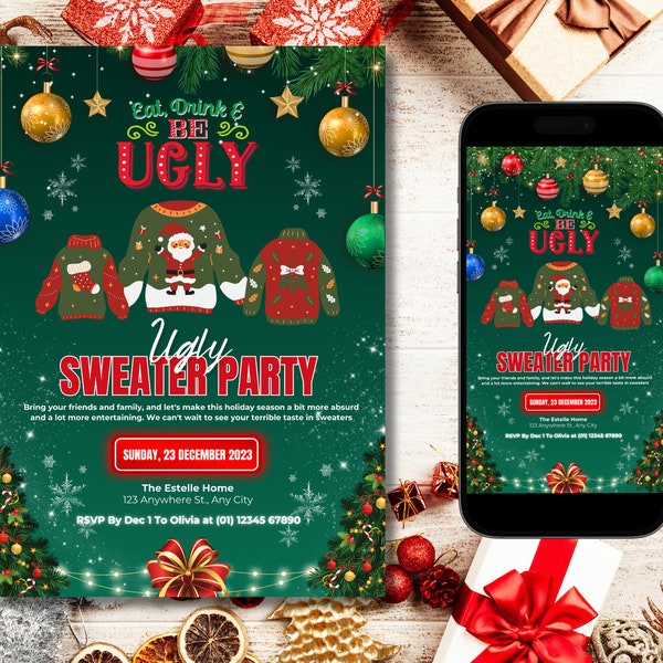 Editable Ugly Christmas Sweater Party Invitation, Christmas Party Invitation, Christmas Invitation, Ugly Sweater Printable Template