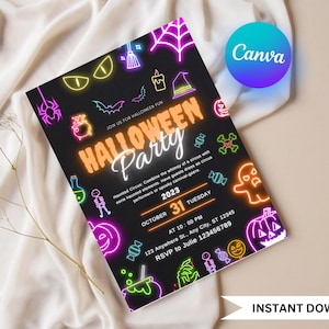 Bearbeitbare Neon-Halloween-Party-Einladungsvorlage (Digitaler Download)