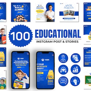 Può includere: Una raccolta di post e storie di Instagram blu con temi scolastici. I post includono testo come "Back to School", "Meet Your Teacher" e "School Admission". L'immagine presenta anche un badge "100" e le parole "Educational Instagram Post & Stories".